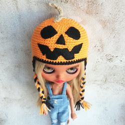 Blythe hat crochet orange Pumpkin for custom blythe halloween outfit doll fashion clothes blythe accessories
