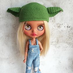Blythe hat crochet green with ears for custom blythe halloween clothes blythe outfit monster hat for doll blythe outfit