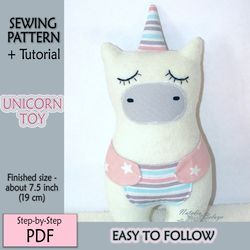 Unicorn E-Pattern, PDF Sewing Pattern and Tutorial, Stuffed Animal Pattern, How to sew Plush Toy Unicorn DIY