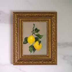 Yellow lemon oil painting original, tiny fruit oil painting, cardboard fireplace, vintage style decor, countrystylehome