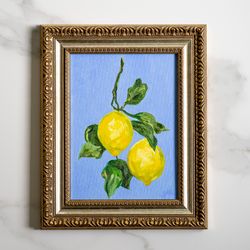 Lemon, cottage kitchen wall art, oil painting original, farmhouse kitchen decor, tiny fruit oil painting, antique painti