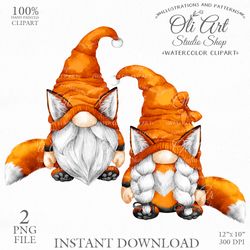 Gnome Fox. Hand painted clipart. Cute Characters, Hand Drawn graphics. Digital Download. OliArtStudioShop