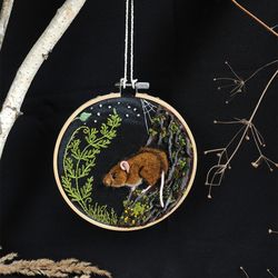 Embroidery wall decor, wool art embroidery mouse