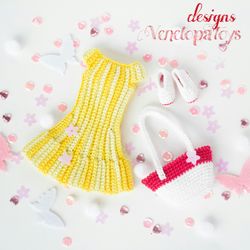 Pattern Crochet Outfit for Doll Jessica - yellow dress, shoes and a bag