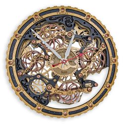 Automaton Bite Silent Moving Gears Wall Clock 1682 Black Gold Full Circle, Personalized Art Gift, Unique Steampunk Decor