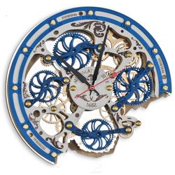 Automaton Bite Silent Moving Gears Wall Clock 1682 Gzhel, Personal Engraving Gift, Unique Mechanical Steampunk Decor
