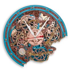 Automaton Bite Silent Moving Gears Wall Clock 1682 Brown Turquoise, Christmas Gift, Unique Mechanical Steampunk Decor