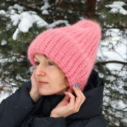 Angora hat for women, Knit wool beanie, Knitted hat, Winter knit hat, Soft fluffy hat