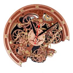 Automaton Bite Silent Moving Gears Wall Clock 1682 Copper Brown, Personalized Gift, Unique Mechanical Steampunk Decor