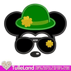 St_Patrick's Day Mr Mouse with glasses Green Hat with Shamrock  Patrick's Boy Applique Design for Machine Embroidery