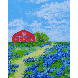 Red Barn Painting Bluebonnet Original Art Texas Wall Art Landscape Artwork Impasto Oil Painting