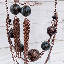 AUTUMN,earrings and chain with bead of Polymer clay and copper fittings. Boho style, vintage business casual jewelry
