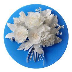 Flower wall panel for above bed decor. 3d flower wall decor. Round blue floral picture. White flowers wall decoration.