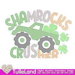 Crushing Shamrocks Monster truck St. Patrick's Day Shamrock Clover Little  Design for Machine Embroidery