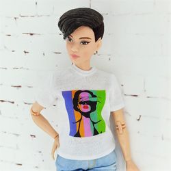 White T-shirt with print for Barbie doll and other similar dolls (First set)