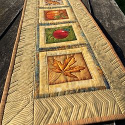 FALL QUILTED TABLE RUNNER with leaves, AUTUMN entryway table decor, QUILT TABLE RUNNER in autumn colors, dresser scarf