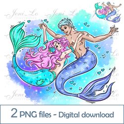 Mermaids in love 2 PNG files He and she Clipart Mermaid Sublimation sea princess design Love Digital Download