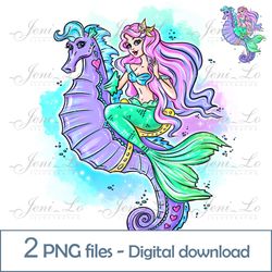 Mermaid riding a seahorse 2 PNG files sea Princess Clipart Mermaid Sublimation Magic design Rainbow Digital Download