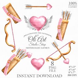 Valentines Day. Bows, Arrows, Pink Heart. Hand painted clipart. Sublimation Png, Digital Download. OliArtStudioShop