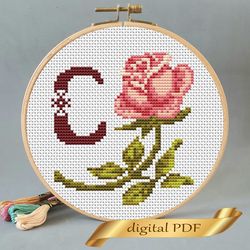 Floral letter C pdf cross stitch Flower monogram alphabet easy embroidery