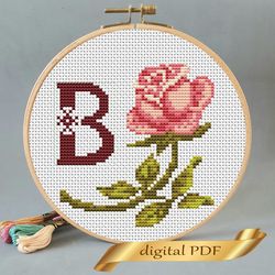 Floral letter B pdf cross stitch Flower monogram alphabet easy embroidery