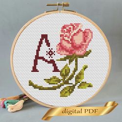 Floral letter A pdf cross stitch Flower monogram alphabet easy embroidery