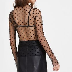 Black Mesh Top Womens Polka Dots Transparent Long Sleeve Sheer Top See Through Blouse Tulle