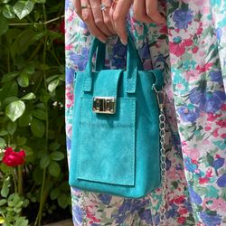 small crossbody suede minimalist bag, red and turquoise leather bag. small purse casual bag, phone leather handbag