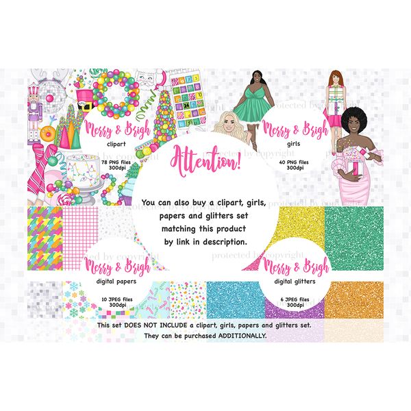 Christmas tree made from balloons. Girls in holiday clothes celebrate Christmas. New Year's cake. Multi-colored digital papers of snowflakes, Candy Canes, multi