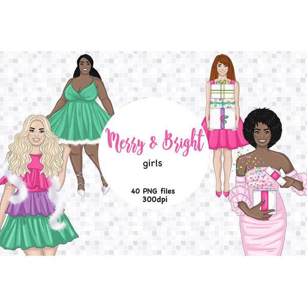 European white-skinned girls celebrate Christmas with gifts and burlap. African American plus size girl in a green puffy dress. African American girl in a festi
