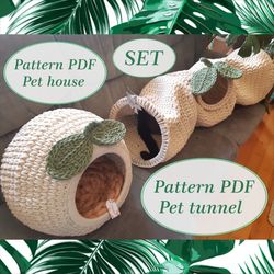 Set cat house pet tunnel Digital tutorial manual in PDF Format Crochet cat furniture Cat cave pdf pattern Handmade gift