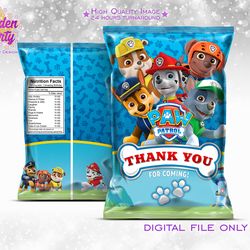 Paw patrol chips bag, Paw patrol candy bag, Paw patrol chips pouch, Paw patrol birthday, instant download