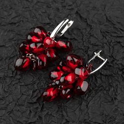 Long earrings with clusters of pomegranate seeds Red jewelry