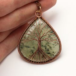 Prehnite Tree Of Life Necklace Statement Necklace Handmade Wire Wrapped Jewelry Copper Anniversary Gift For Her