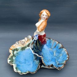 Ceramic sculpture Mermaid, Decorative vase, Porcelain Figurine, Girl sea ,Candy bowl, fruit bowl ,Table Centerpiece