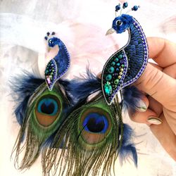 Peacock brooch, Blue brooch, Bird brooch, Beaded brooch, Green brooch, Feather brooch