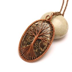 Turritella Agate Pendant Necklace Lucky Tree Necklace Handmade Copper Pendant Tree Of Life Necklace Statement Jewelry