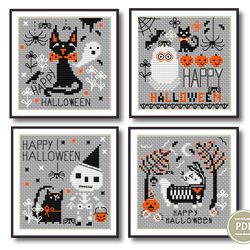 Halloween Cross Stitch Pattern Set 4 Patterns Jolly Halloween Ghost Pumpkin Skeleton PDF File Instant Download 230
