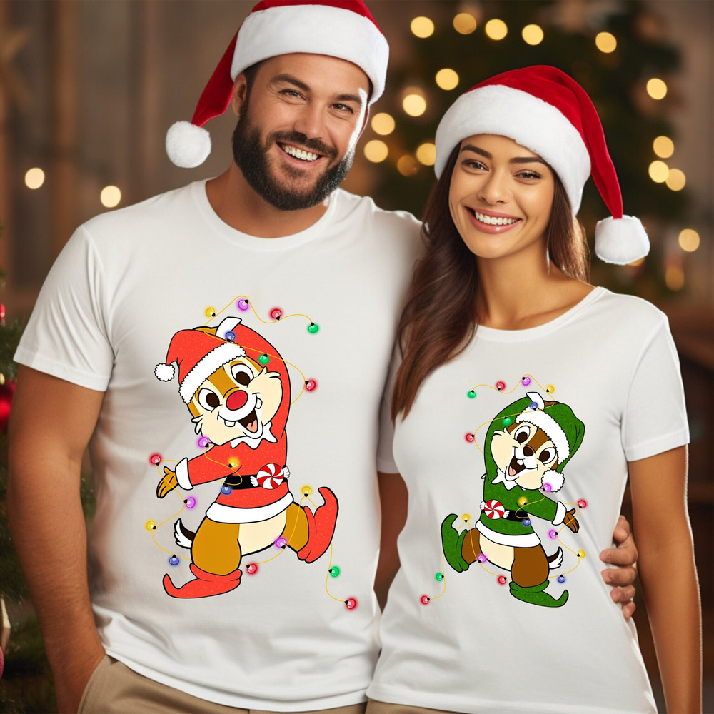 Chip And Dale Christmas Couple Shirt, Chip n Dale Elf Christmas Shirt, Double Trouble Shirt, Disneyland Christmas Family Couple Matching Tee.jpg