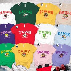 custom name super mario family matching t-shirt  super mario family shirt  group costumes mario luigi yoshi peach bowser