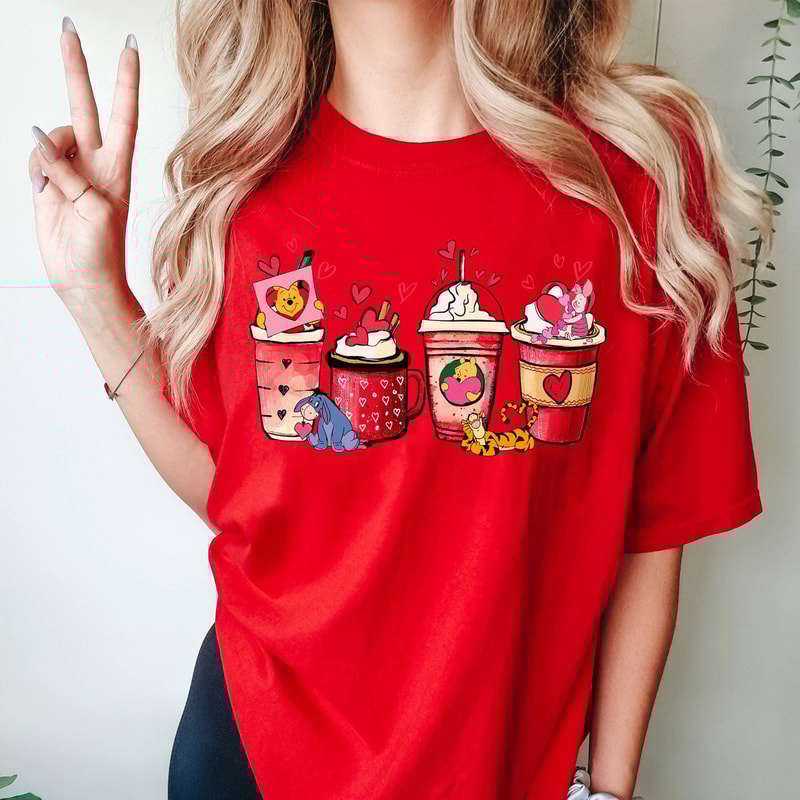 Cute Pooh And friends Coffee Valentine Shirt, Disneyland Couple Matching Shirt, Pooh Valentines Day Coffee Latte Shirt, Valentines Day Gift.jpg