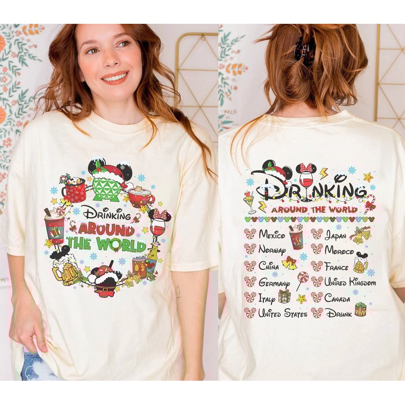 Epcot Drinking Around The World Christmas T-Shirt, Disneyland Epcot Food And Wine Team Mickey And Friends Christmas Drinking Team Tee 1.jpg