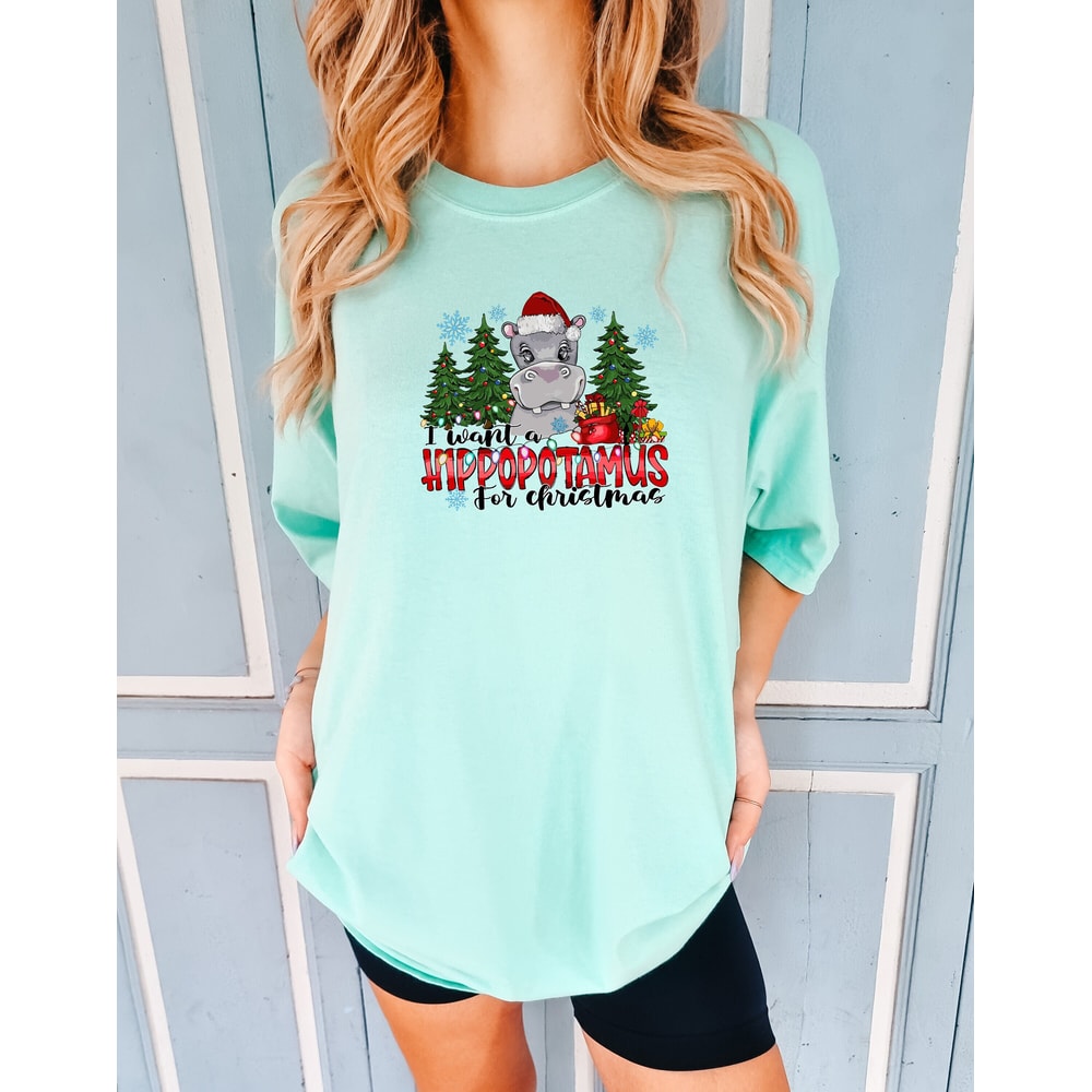 Christmas Comfort colors Shirt, I Want A Hippopotamus For Christmas Shirt, Christmas Lights Shirt, Xmas Matching Pajama, Funny Animal Shirt.jpg