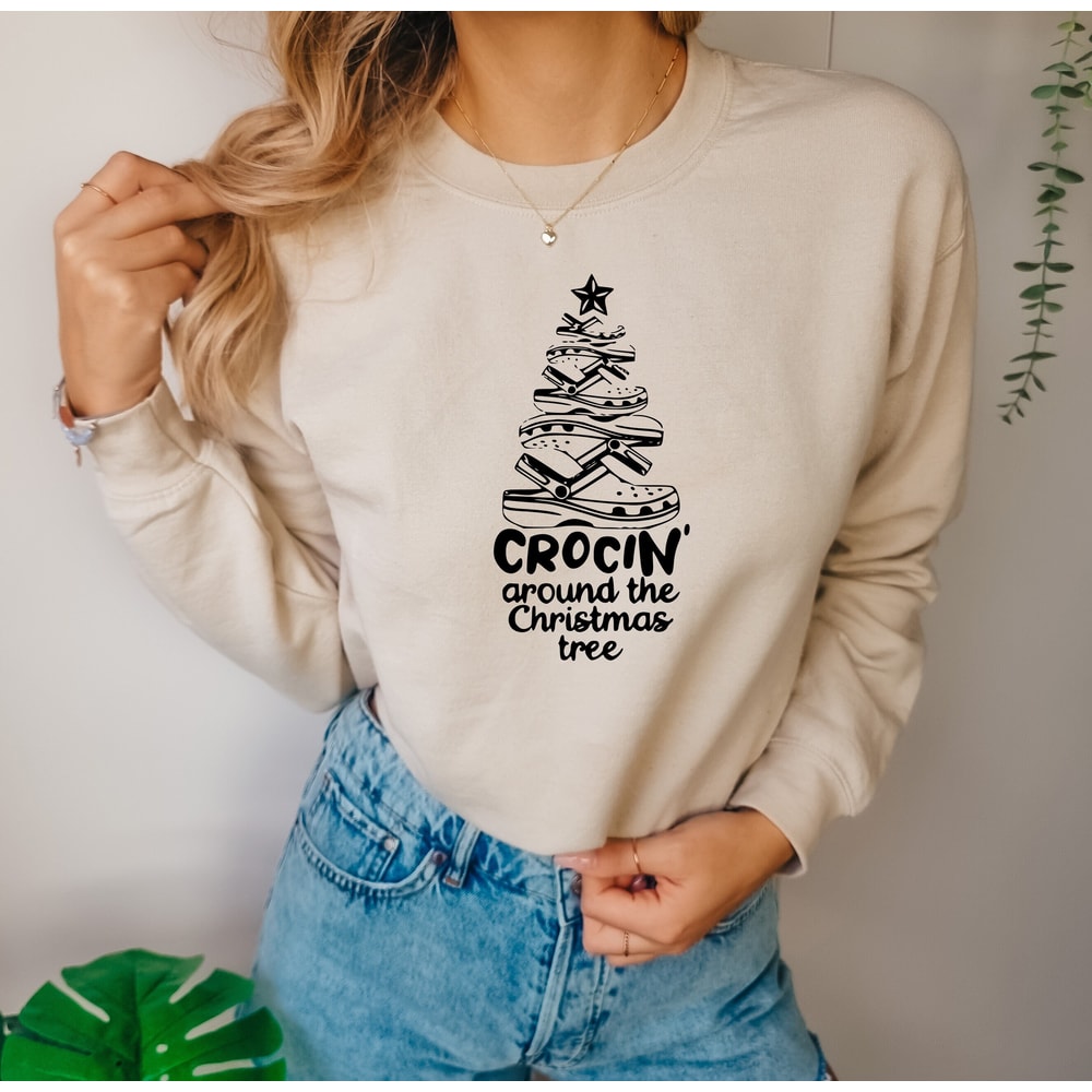 Comfort colors Crocin Around the Christmas Tree Sweatshirt, Funny Christmas Shirt, Christmas Sweater, Crocs Christmas Tree Shirt, Funny tee.jpg