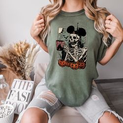 comfort colors mickey skeleton coffee shirts, vintage disney skeleton sweatshirt, disney spooky tees, disney pumpkin hal