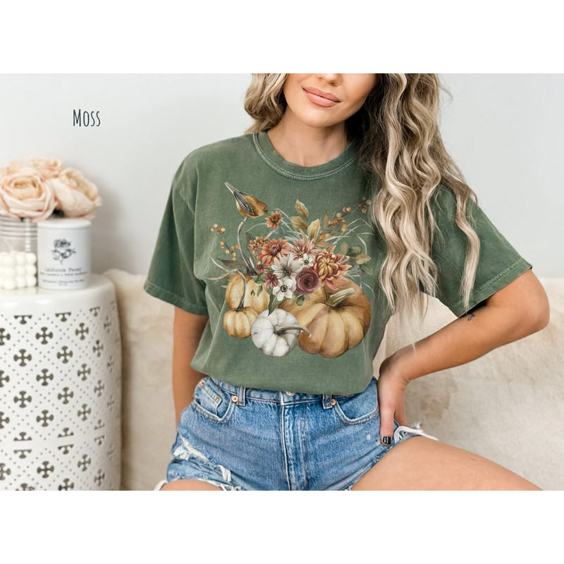 Fall Harvest Shirt, Autumn Vibes TShirt, Vintage Floral Shirt, Aesthetic Pumpkin T-Shirt, Cottagecore Halloween Tee.jpg