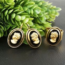 Lady Cameo Earrings and Ring Jewelry Set Oval Golden Black Gold Victorian Vintage Glass Girl Cameo Jewelry Set Gift 7656