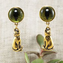 Cat Eye Earrings Evil Eye Olive Green Golden Gold Plated Cat Charm Long Dangle Drop Earrings Cat Lover Gift Jewelry 6552