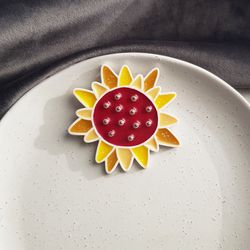 Statement flower brooch, Red and yellow pin, Polymer clay and enamel jewelry