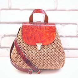 Fall outfits backpack Hand-woven brown bag with genuine leather trim